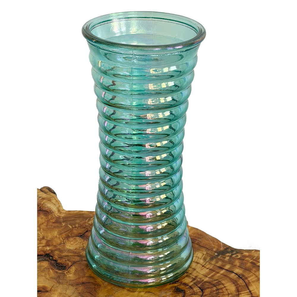 Vintage Iridescent Teal Glass Ribbed Beehive Vase Aqua Luster Flared Centerpiece